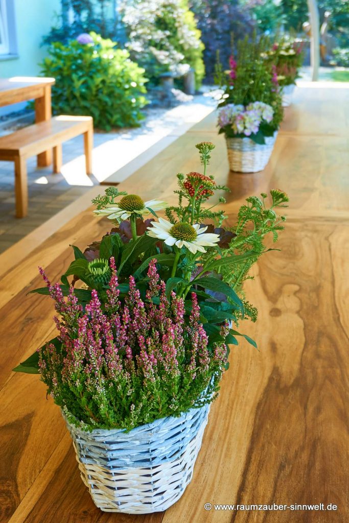 bunt gemischtes Staudenkörbchen als Tischdekoration