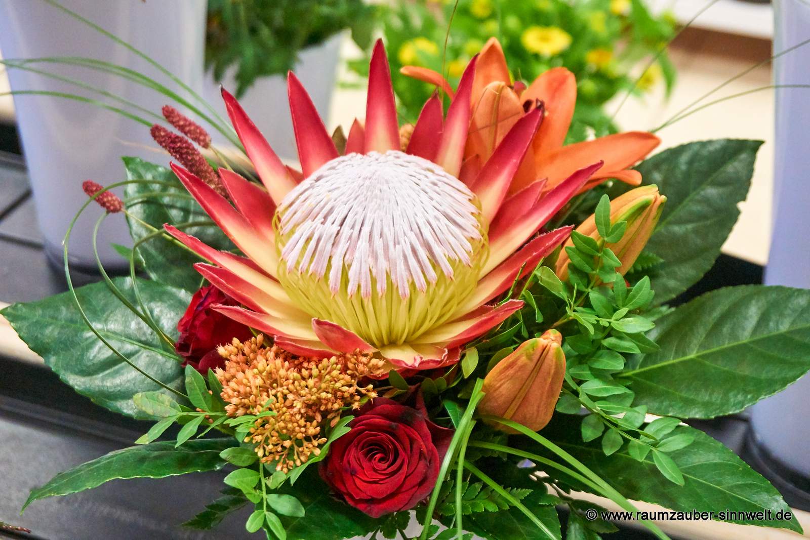 Rundstrauß aus Protea, Rosen, Lilien und Sedum
