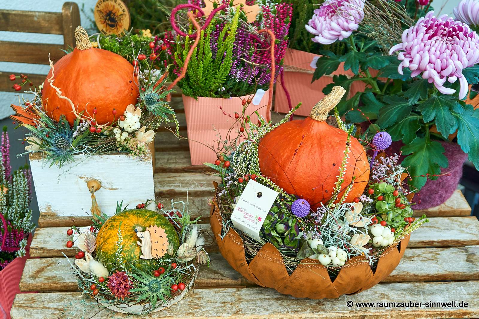 Frischblumengestecke mit Kürbissen in verschiedenen Gefäßen