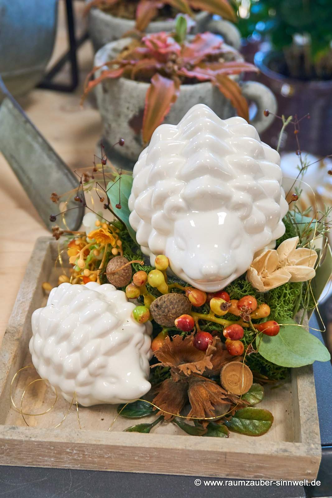 Herbstdekoration aus Naturmaterialien mit Deko-Igel Max von TIZIANO auf Holztablett