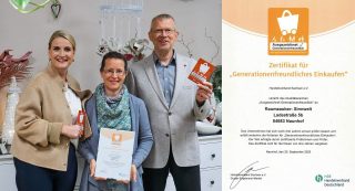 Auszeichnung Generationenfreundliches Einkaufen mit Geschäftsinhaberin Claudia Tenner, Naunhofs Bürgermeisterin Anna-Luise Conrad und Geschäftsführer Handelsverband Sachsen Gunter Engelmann-Merkel