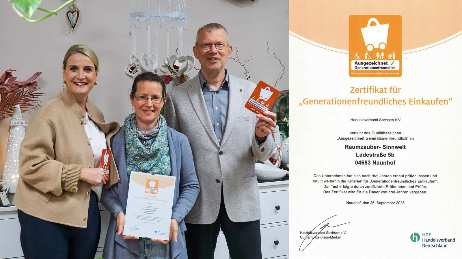 Auszeichnung Generationenfreundliches Einkaufen mit Geschäftsinhaberin Claudia Tenner, Naunhofs Bürgermeisterin Anna-Luise Conrad und Geschäftsführer Handelsverband Sachsen Gunter Engelmann-Merkel