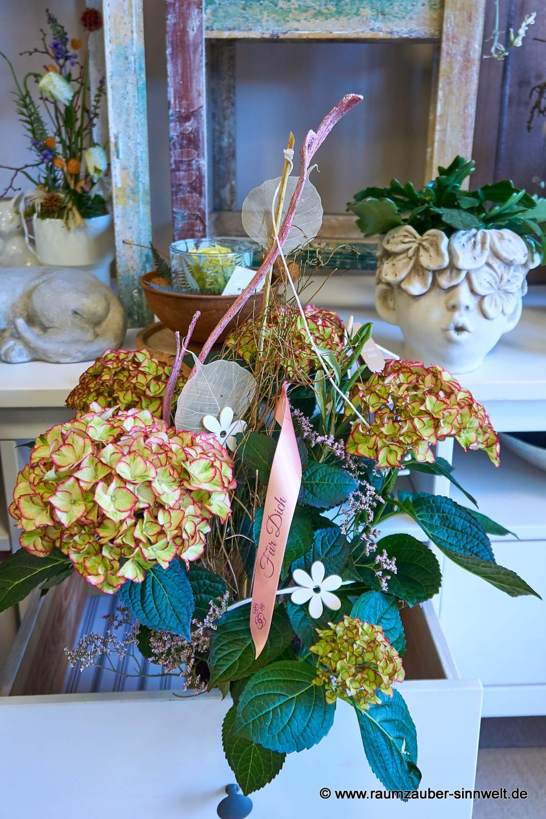 Hortensie dekoriert mit Spruchband