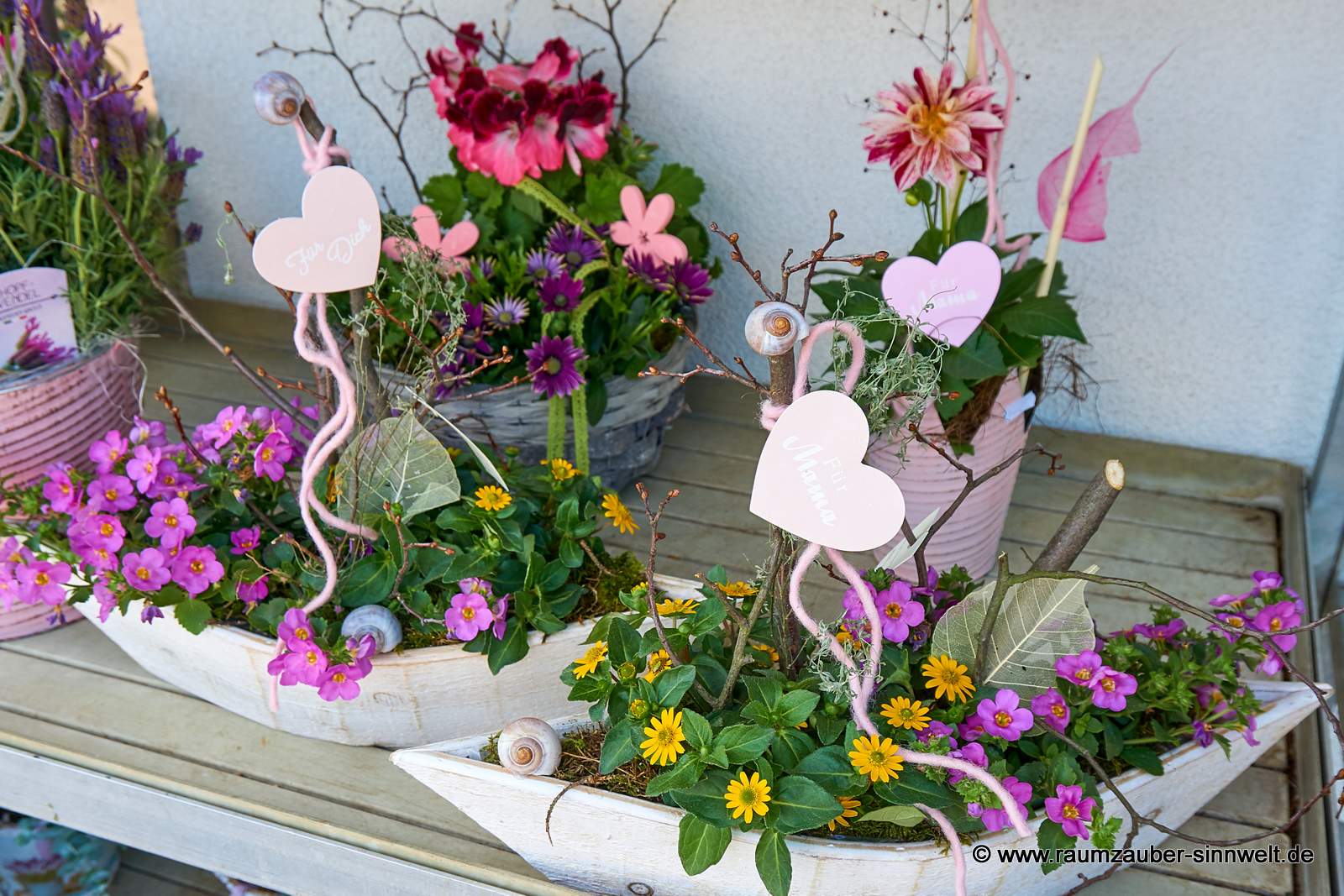 Dekorierte Einpflanzungen aus Sanvitalia und Sutada im Holzgefäß mit Spruchherz